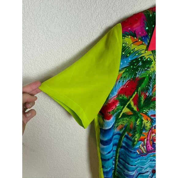 Diane Gilman Silk Blouse Top Size Large Sequin Tropical Dolphin Colorful - Picture 2 of 12